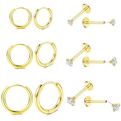 JeweBella 6 Paar 20G Tragus Ohrringe Chirurgenstahl Damen Tragus Piercing Set Push In Labret Piercing Studs Kleine Creolen Ohrringe Lippenpiercing Nasenpiercing Medusa Helix Piercing Ohr Silber/Gold von JeweBella