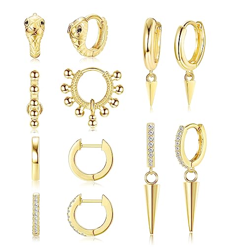 JeweBella 6 Paare Gold Creolen Ohrringe Set für Damen Mädchen Edelstahl Hypoallergen Gold Schlange Kreolen Gold Klein Creolen mit Anhänger Gold Knorpel Huggie Creolen Set Ohrringe Modeschmuck von JeweBella