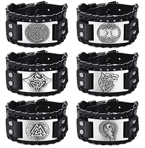 JeweBella 6 Pcs Leder Armband Herren Viking Vintage Nordic Breit Manschette Gothic Wikinger Schmuck Set Schwarz Armreif mit Wolf Baum des Lebens Vegvisir Celtic Pagan Amulett Armbänder für Männer von JeweBella