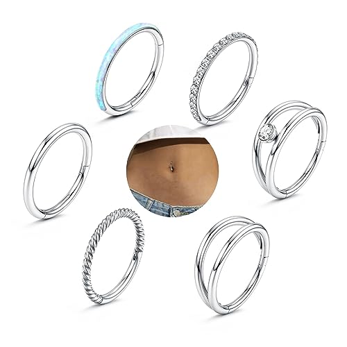 JeweBella 6 Stück 14G Clicker Bauchnabelpiercing Ring Chirurgenstahl für Damen Hypoallergen Piercing Bauchnabel CZ Opal Silber Bauchnabelpiercing Helix Septum Conch Piercing Ring 8/10/12MM von JeweBella