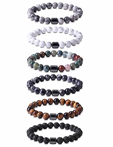 JeweBella 6 Stück 8MM Perlen Armband für Herren Naturstein Armband Tigerauge Armband Lavasteine Armbänder Set Mala Achat Yoga Elatics Armband Set Heilsteine Steine Armband für Männer von JeweBella