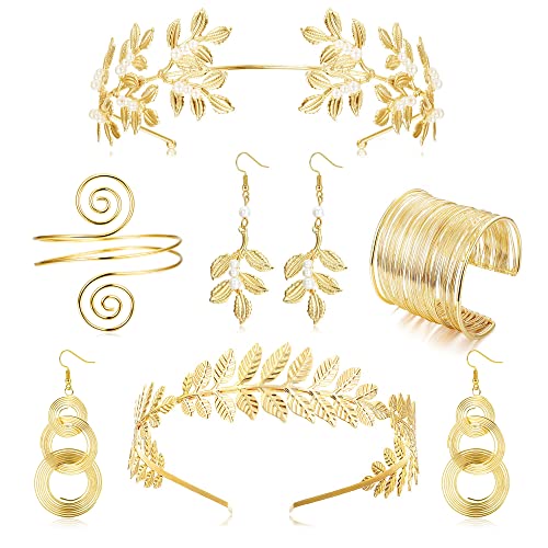 JeweBella 6 Stück Griechische Göttin Kostüm Schmuck Set Damen Gold Römischer Lorbeerblatt Krone Stirnbänder Armband Spule Oberarmreif Perle Baumeln Ohrringe Hochzeit Braut Kopfschmuck Toga Party von JeweBella