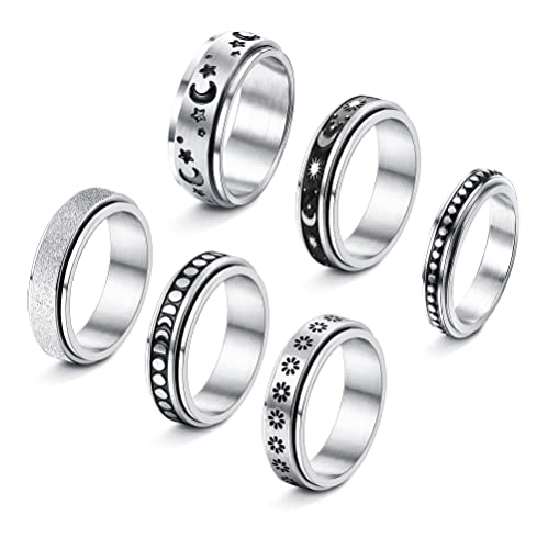 JeweBella 6 Stück Spinner Ring Set für Damen Herren Hypoallergen Drehbarer Edelstahl Ring Blume Moon Star Spinner Angst Ringe Zappel Band Ringe für Frauen Männer Größe 49-62 von JeweBella