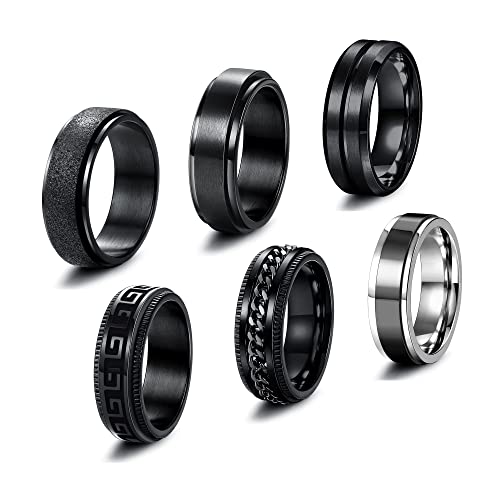 JeweBella 6 Stück Edelstahl Ringe für Herren Spinner Ringe Set Vintage Breit Schwarz Ringe Drehbare Kette Ringe Vintage Spinner Ring Männer Hochzeitsversprechen Band Ringe Größe 54-70 von JeweBella