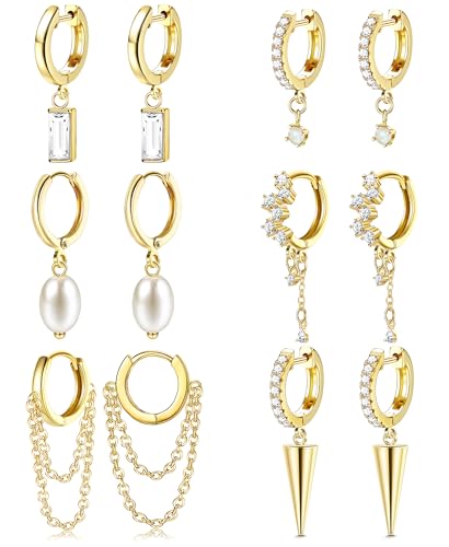 JeweBella 6 Pairs Ohrringe Hängend für Damen Mädchen Set Hypoallergene Creolen mit Cubic Zirkonia Opal Perlen Anhänger Ohrringe Silber/Gold Ohrhänger Frauen von JeweBella