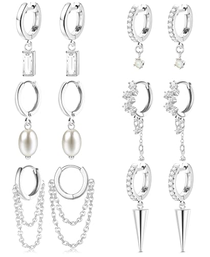 JeweBella 6 Pairs Ohrringe Hängend für Damen Mädchen Set Hypoallergene Creolen mit Cubic Zirkonia Opal Perlen Anhänger Ohrringe Silber/Gold Ohrhänger Frauen von JeweBella