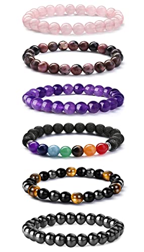 JeweBella 6Stück Natürliche Edelstein Armbänder Damen Herren Perlen Armbänder 7 Chakren Lavastein Armbänder Rose Quartz Amethyst Tigerauge Obsidian Dreifach-Armband Paare Stretch Armbänder Schmuck von JeweBella