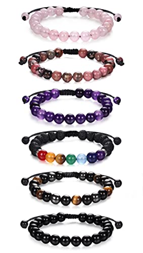 JeweBella 6Stück Natürliche Edelstein Armbänder Damen Herren Perlen Armbänder 7 Chakren Lavastein Armbänder Rose Quartz Amethyst Tigerauge Obsidian Dreifach-Armband Paare Stretch Armbänder Schmuck von JeweBella