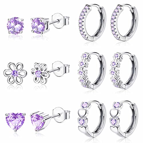 JeweBella 6 Paar Kleine Ohrringe Set für Damen Mädchen 925 Sterling Silber Pin Hypoallergen Sleeper Knorpel Ohrstecker Blume Herz Creolen Rosa Lila Blau Ohrringe Set für Kinder Frauen von JeweBella