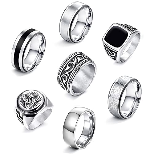 JeweBella 7 Stück Ringe Herren Edelstahl Ringe Silber Matt Poliert Keltischer Knoten Vintage Ringe Schwarz Siegelring Herren Gravur Gothic Biker Ringe Set für Herren Männer von JeweBella