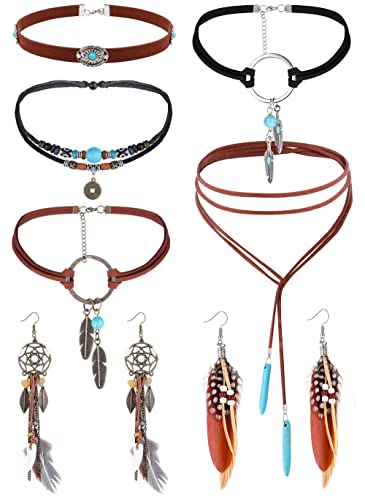 JeweBella 7PCS Boho Halskette Set für Damen Vintage Bohemian Feder Anhänger Ohrringe Wildleder Handgemachte Lederhalskette Türkis Perlen Choker Halskette Boho Stammes Schmuck Sets von JeweBella