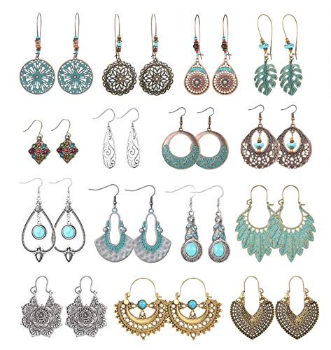 JeweBella 8-15 Paar Boho Ohrringe Hängend Ohrringe Set für Damen Mädchen Bohemian Hängeohrringe Vintage Lange Baumeln Ohrringe Blumen Blatt Türkis Ohrringe Vintage Boho Ethno Schmuck Geschenk von JeweBella