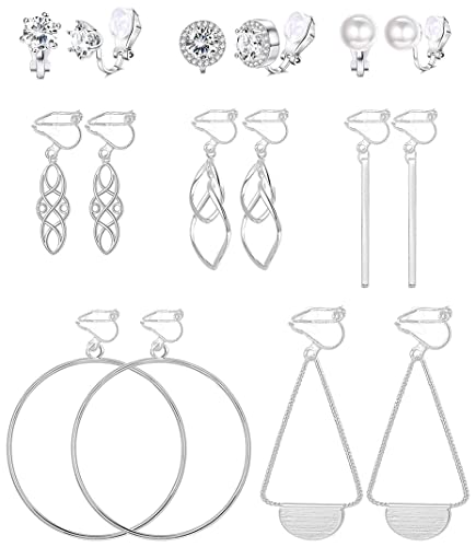 JeweBella 8 Paar Ohrclips Damen Mädchen Lange Tropfen Hängend Ohrringe Ohne Ohrlöcher Zirkon Perlen Creolen Hypoallergen Fake Set Silber Gold für Frauen von JeweBella