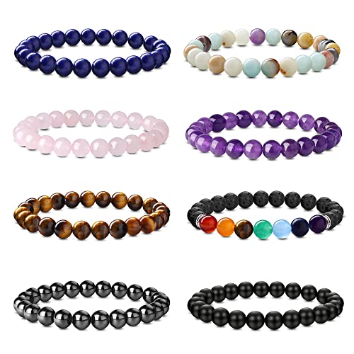 JeweBella 8 Stück Natürliche Edelstein Armbänder Set Damen Herren Perlen Armbänder Rose Quartz Amethyst Tigerauge Stein Obsidian Türkis Chakra Armband Paare Stretch Edelsteine Heilsteine Armband Set von JeweBella