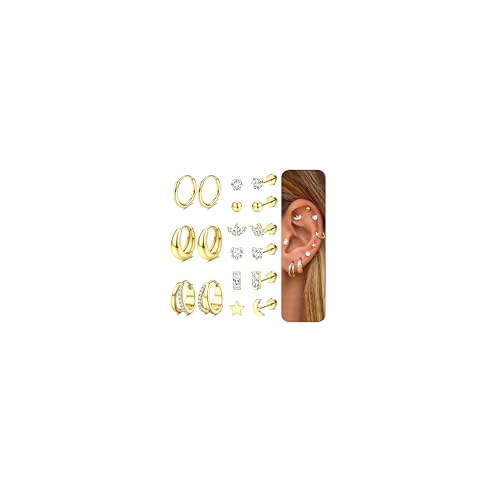 JeweBella 9 Paar 316L Chirurgenstahl Ohrringe Damen Hypoallergene Flatback Ohrringe Set Conch Tragus Helix Knorpel Piercings Ohr Klein Creolen Ohrstecker Damen Gold Silber von JeweBella