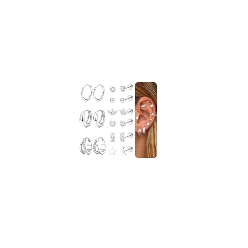 JeweBella 9 Paar 316L Chirurgenstahl Ohrringe Damen Hypoallergene Flatback Ohrringe Set Conch Tragus Helix Knorpel Piercings Ohr Klein Creolen Ohrstecker Damen Gold Silber von JeweBella
