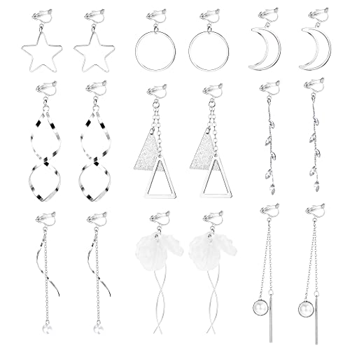 JeweBella 9 Paar Ohrclips Damen Mädchen Ohne Ohrlöcher Baumeln Clip Ohrringe Hängend Lange Ohrklipser Stern Mond Perle Clip on Ohrringe Modeschmuck Tropfen Ohrringe Clip Ohrringe Set von JeweBella