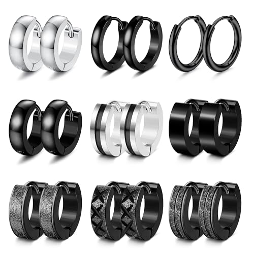 JeweBella 9 Paar Creolen Ohrringe Herren Edelstahl Männer Mode Punk Schwarz Silber Klein Set Huggies Knorpel Helix Piercing für Damen Herren Schmuck von JeweBella