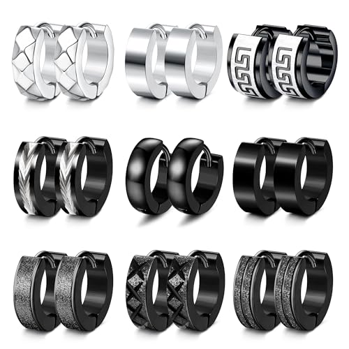 JeweBella 9 Paar Creolen Ohrringe Herren Edelstahl Ohrringe Männer Mode Punk Ohrringe Schwarz Silber Klein Creolen Set Huggies Knorpel Helix Piercing Ohr Ohrringe für Herren Damen Herren Schmuck von JeweBella