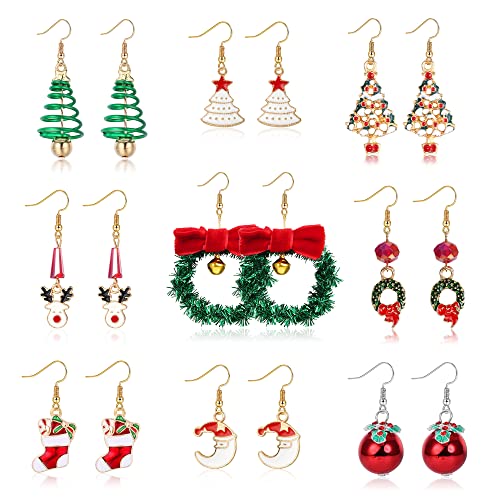 JeweBella 9 Paar Ohrringe Weihnachten für Damen Mädchen Weihnachts Ohrringe Set Hängend Weihnachtsbaum Schneeflocke Weihnachtsglocke Elch Weihnachtsohrringe Damen Weihnachten Party Geschenk von JeweBella