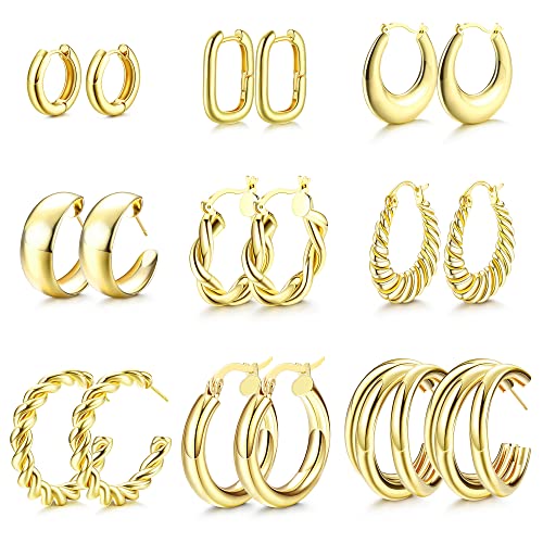JeweBella 9 Paare 14K Gold Creolen Ohrringe Set für Damen Chunky Ohrringe Gold Creolen Set Hypoallergen Gold Kreolen Ohrringe Twisted Huggie Creolen Ohrringe Set Groß Gold Creolen für Frauen von JeweBella