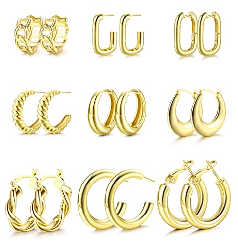 JeweBella 9 Paare Creolen Gold Set für Damen Mädchen Ohrringe Gold Creolen Hypoallergen Offen Schlafen Ohrringe Twisted Huggie Ohrringe Set Chunky Gold Creolen Groß für Frauen von JeweBella