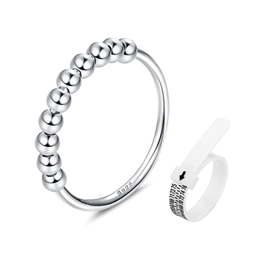 JeweBella 925 Sterling Silber Ring Damen mit Beweglichen Perlen Band Ring Dünne Stapelbare Ringe Frauen Daumenring Fingerring Schmuck Geschenk für Mama Tochter mit Ringmaßband von JeweBella