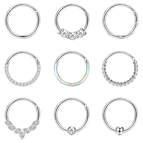 JeweBella 9PCS 16G Nasenpiercing Chirurgenstahl für Damen Hoop Septum Piercing CZ Opal Nasenring Piercing Set Knorpel Helix Piercings Ohrringe Tragus Piercing Silber Lippen Nase Ringe Daith Piercing von JeweBella