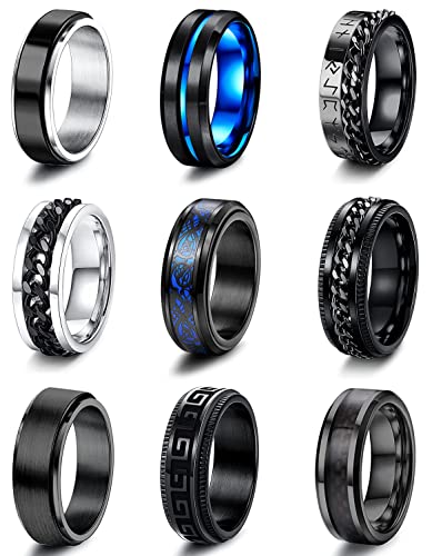 JeweBella 9PCS Ringe Herren Edelstahl Spinner Ringe Set Schwarz Kette Ringe Blau Celtic Dragon Vintage Ring Wikinger für Herren Männer Hochzeit Verlobung Freundschaftsringe Set Größe 54-70 von JeweBella