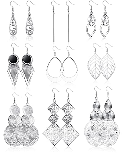 JeweBella 9 Paare Hängende Ohrringe Edelstahl für Damen Mädchen Boho Ohrringe Twist Lang Hängend Silber/Gold Quaste Ohrringe Hängend Set Hypoallergen Welle Blatt Lange Bar Ohrringe ModeSchmuck von JeweBella