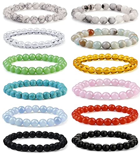 JeweBella 12Stück Natürliche Edelstein Armbänder Damen Herren Perlen Armbänder Rose Quartz Amethyst Tigerauge Obsidian Rotes Achat 6/8MM Lavastein Armband Paare Stretch Armbänder Set von JeweBella