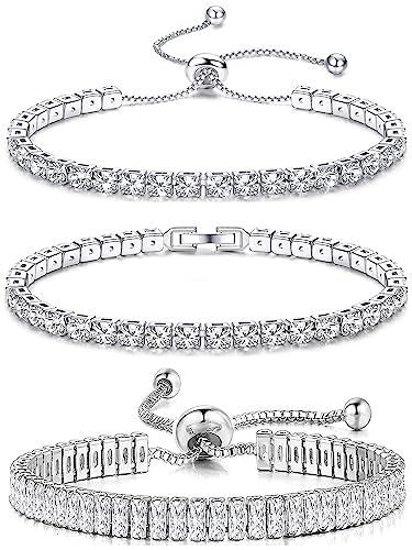 JeweBella 3PCS Tennis Armband Damen Silber Verstellbares Kristall Zirkonia Armbänder Set Glänzender Diamant Armband Klassisches Tennis Armbänder Schmuck Geschenk für Frauen Freundin Mutter Ehefrau von JeweBella