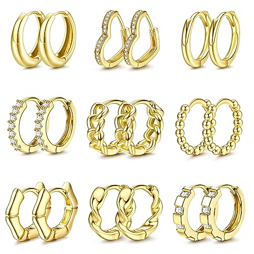 JeweBella 9Paar Kleine Gold Creolen Ohrringe Set für Damen Mädchen 14K Vergoldet Ohrringe Hypoallergen Knorpel Huggie Creolen Zirkonia Twist Herz Creolen Set Gold Kreolen Ohrringe Modeschmuck von JeweBella