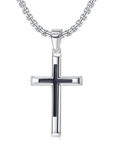 JeweBella Kreuz Kette Herren Damen 925 Sterling Silber Schwarz Kreuz Anhänger mit 3MM Breit Edelstahl Venezianerkette Kreuz Halskette Herren Schmuck Geschenk Kette Länge 61CM von JeweBella