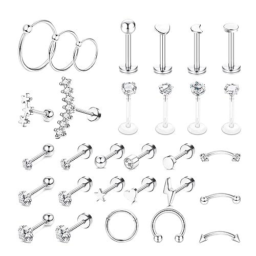 JeweBella 30 Stück 16G Helix Tragus Piercing Chirurgenstahl für Damen Mädchen Zirkonia Kugel Herz Stern Ohrstecker Nasenringe Medusa Labret Daith Conch Piercing Ohr Helix Tragus Silber/Gold von JeweBella