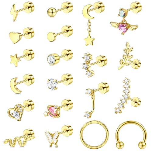 JeweBella Helix Piercings Gold Silber Piercing Ohr Chirurgenstahl für Damen Herz Stern Mond Schmetterling Schlange Knorpel Ohrringe Flatback Daith Conch Tragus Piercing von JeweBella