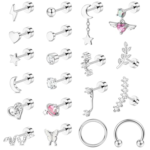 JeweBella Helix Piercings Gold Silber Piercing Ohr Chirurgenstahl für Damen Herz Stern Mond Schmetterling Schlange Knorpel Ohrringe Flatback Daith Conch Tragus Piercing von JeweBella