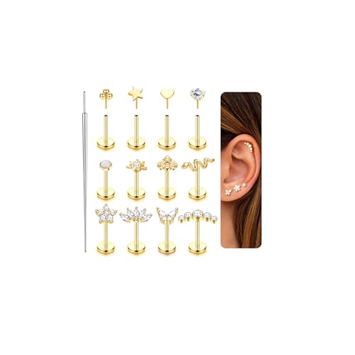 JeweBella 12 Stück Nasenpiercing Stecker für Damen Chirurgenstahl Einstecken Flache Ohrringe Stern Herz Schlange Gewindelose Nasenstecker 20G Labret Lippenpiercing Tragus Conch Helix Piercings von JeweBella