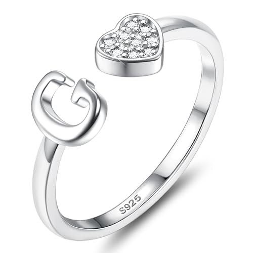 JeweBella Herz Ring Silber 925 Damen mit Buchstaben Verstellbar Ringe Frauen Stapeln Daumenring Fingerring Eheringe Engagement Promise Ring Verlobungsring Initiale A-Z Ring Damen Mädchen mit Box von JeweBella