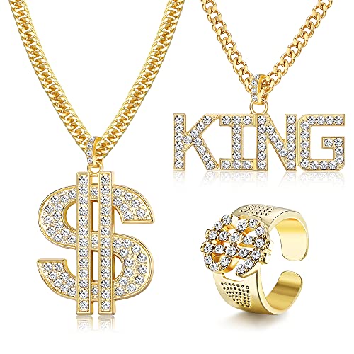 JeweBella Hip Hop Halskette & Ringe Herren Damen Plated Kette Dollar & King Halskette Dollar Anhänger Halskette Rap Sänger Gold Dollar Anhänger Kett Hip Hop Rapper Zubehör von JeweBella