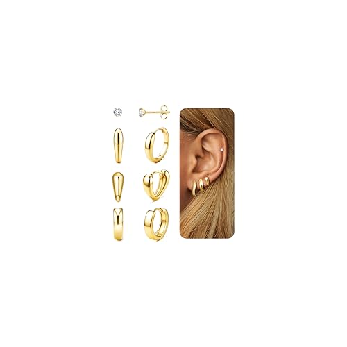 JeweBella 4 Paar Ohrringe Creolen Silber/Gold für Damen Ohrstecker Creolen Set Hypoallergen Leichte Kleine Creolen Ohrringe Set für Mehrere Ohrlöcher von JeweBella