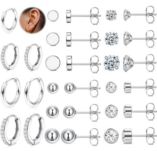 JeweBella Kleine Ohrstecker Chirurgenstahl für Damen Mädchen Silber Creolen Ohrringe Set Opal Kugel Cubic Zirkonia Ohrstecker Hypoallergen Knorpel Schläfer Huggie Ohrringe für Mehrere Piercings von JeweBella