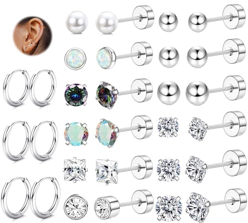 JeweBella Kleine Ohrstecker Chirurgenstahl für Damen Mädchen Silber Creolen Ohrringe Set Opal Kugel Cubic Zirkonia Ohrstecker Hypoallergen Knorpel Schläfer Huggie Ohrringe für Mehrere Piercings von JeweBella