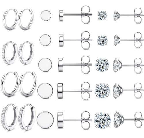 JeweBella Kleine Ohrstecker Chirurgenstahl für Damen Mädchen Silber Creolen Ohrringe Set Opal Kugel Cubic Zirkonia Ohrstecker Hypoallergen Knorpel Schläfer Huggie Ohrringe für Mehrere Piercings von JeweBella