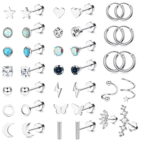 JeweBella 19Pairs Kleine Ohrstecker Damen Set Chirurgenstahl Knorpel Helix Ohrringe Hypoallergen Stern Mond Flatback Ohrringe Zirkonia Creolen Piercing Ohrstecker für Mädchen Herren von JeweBella