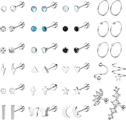 JeweBella 23Pairs Kleine Ohrstecker Damen Set Chirurgenstahl Knorpel Helix Ohrringe Hypoallergen Stern Mond Flatback Ohrringe Zirkonia Creolen Piercing Ohrstecker für Mädchen Herren von JeweBella