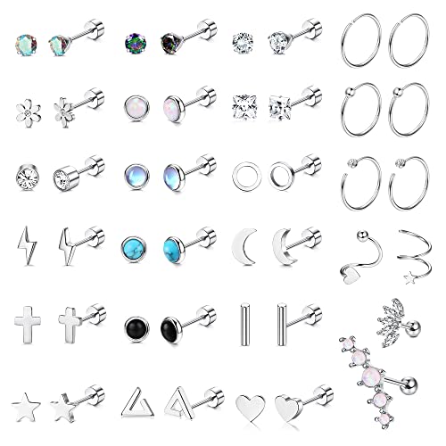 JeweBella 23Pairs Kleine Ohrstecker Damen Set Chirurgenstahl Knorpel Helix Ohrringe Hypoallergen Stern Mond Flatback Ohrringe Zirkonia Creolen Piercing Ohrstecker für Mädchen Herren von JeweBella