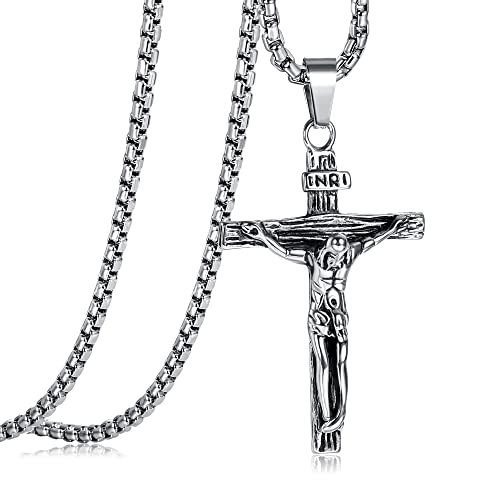 JeweBella Kreuz Halskette Herren Edelstahl Jesus Kruzifix Anhänger Halskette mit venezianischer Kette 61 cm Silber/Gold/Schwarz Religiöser Schmuck Geschenk von JeweBella