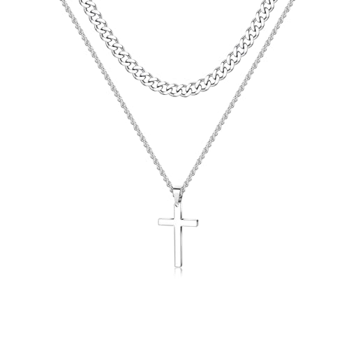 JeweBella Kreuz Kette Herren Edelstahl Silber Kette mit Kreuz Layered Kreuz Anhänger Panzerkette Set Silberkette Herren 40/45/50/55/60cm von JeweBella