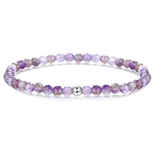 JeweBella 4mm Perlenarmband Damen mit 925 Silber Perle Armband Rose Quartz Amethyst Obsidian Mondstein Hämatit Natürliche Edelstein Armband Damen Herren Stretch Facettierte Perlen Armbänder von JeweBella